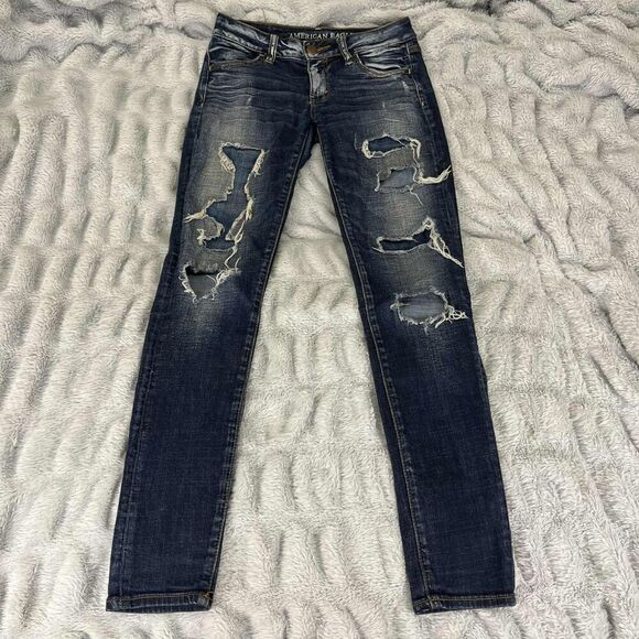 American Eagle Jeans Women 0 Jegging Super Stretch Distressed Dark Grunge Ripped - Picture 1 of 11
